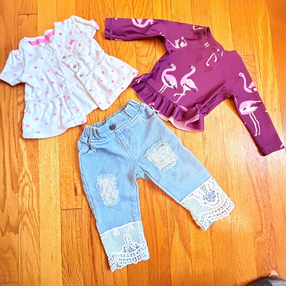 Baby Girl 9-12M Lot‎ Tea Collection Flamingo Rash Guard Carters Top Lace Jeans